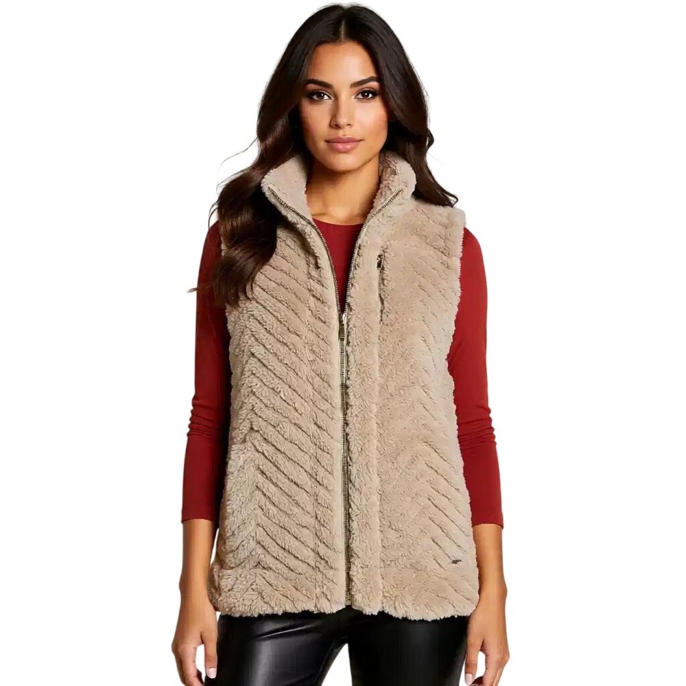 Calvin Klein $69 Womens Chevron Faux Fur Vest Tan Beige Full Zip M4XUH812 Sm NWT